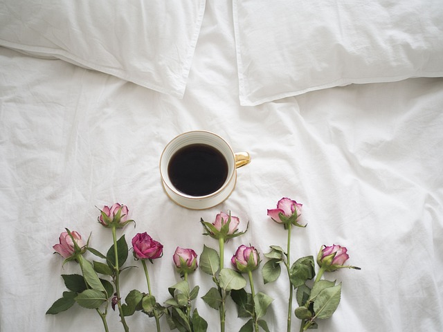 coffee, roses, bed
